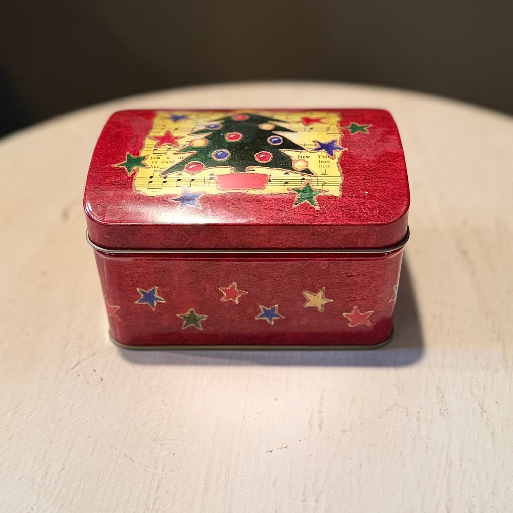 Holiday Christmas Tree Tin Box Red Stars Music Notes Storage Container